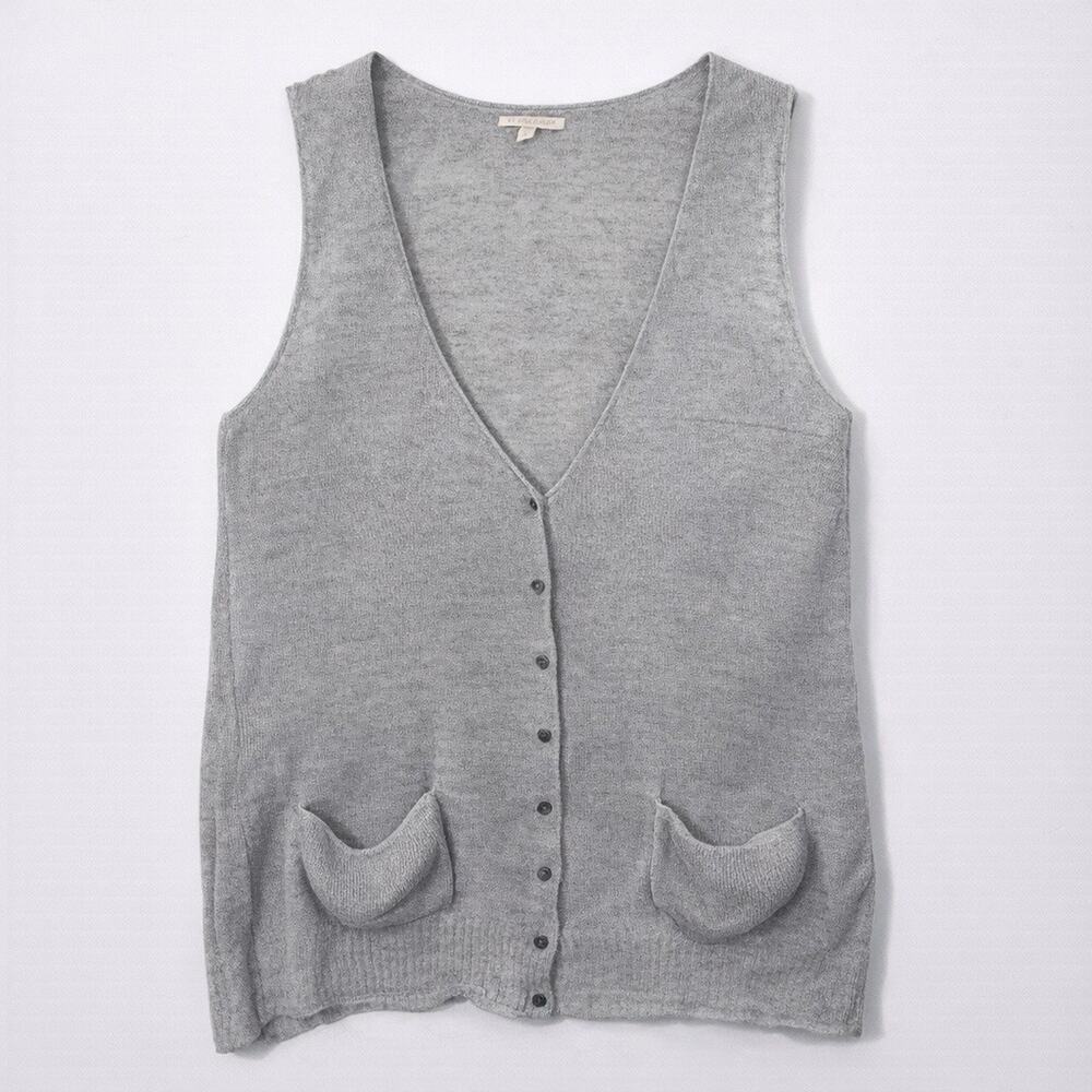 Eileen Fisher Gray Linen Button Front Sweater Vest Italian Yarn L Lagenlook
